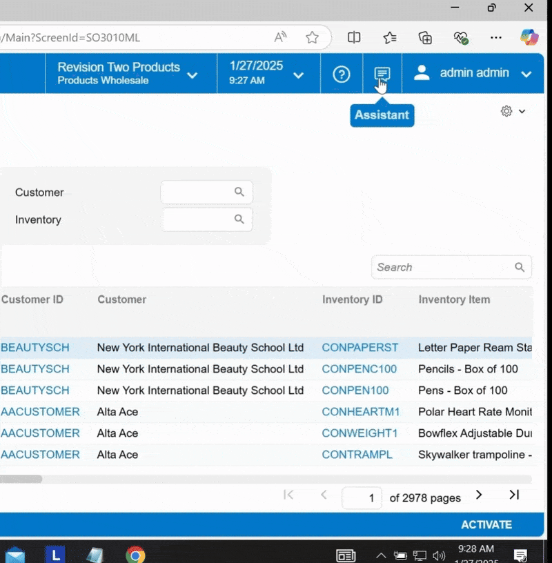 Acumatica AI Assistant generating a chart from a natural-language query