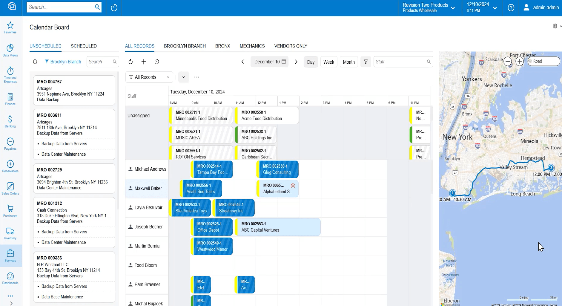 Drag-and-drop dispatch that respects skills, SLAs, and travel.